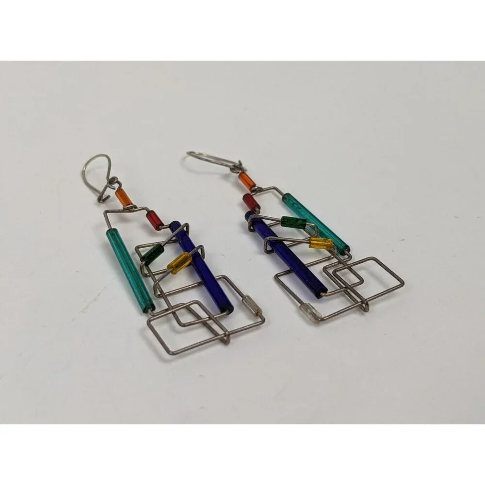 Vintage Barbie Levy Barb Wire Art Pierced Dangling Blue Green Abstract 1980s - Picture 3 of 6